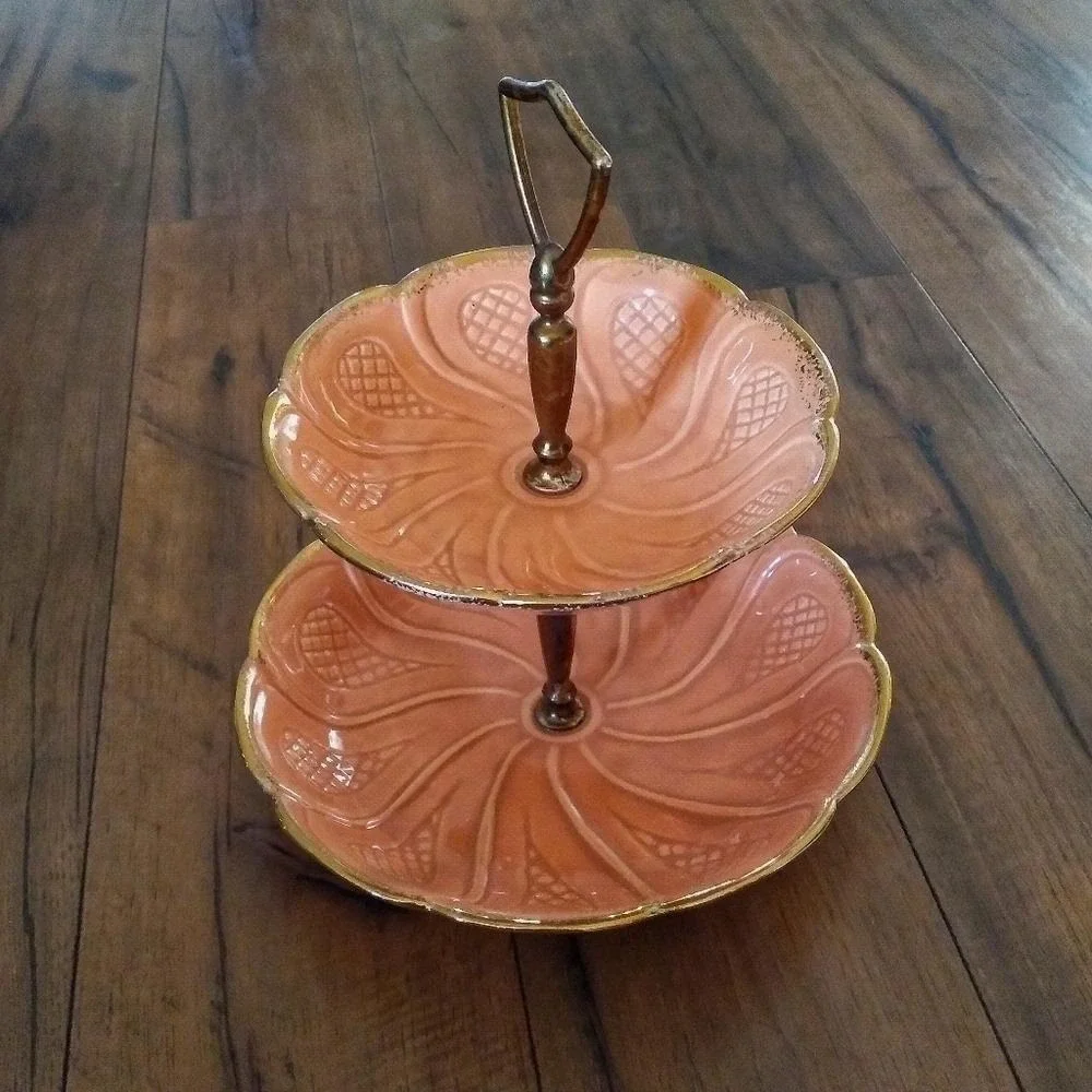 1950's Calfor USA T-31 Coral Pottery 2 Tier‎ Dessert Tray